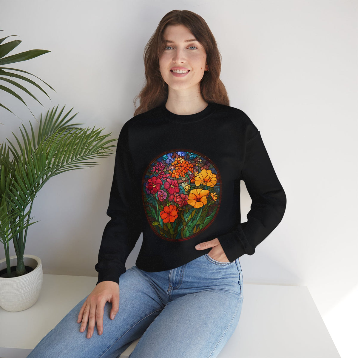 Stained Glass Floral Garden sweatshirt | Colorful Flower Circle Art