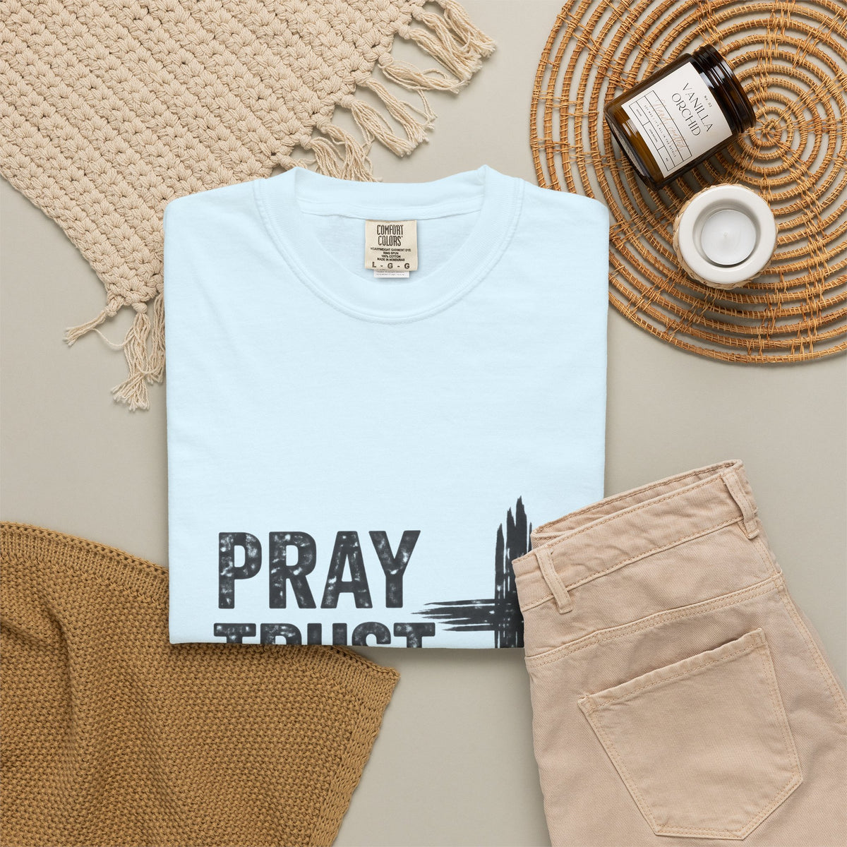 Prayer Trust Wait Repeat T-Shirt — Christian Faith Cross Graphic Tee