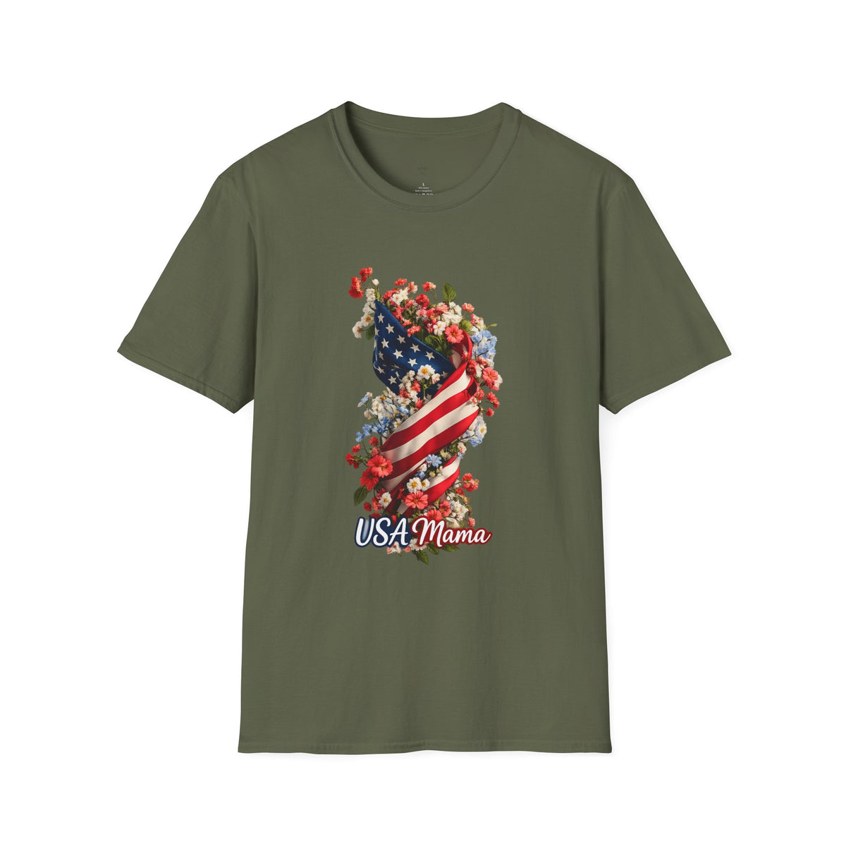 USA Mama T-Shirt | American Flag Floral Design, Patriotic Mom Tee
