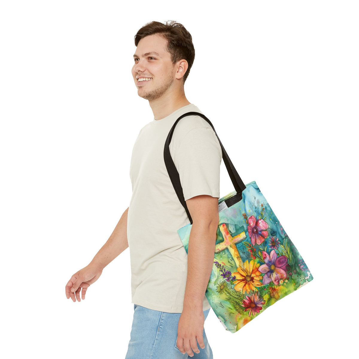 Cross and Whimsical Flowers Tote Bag
