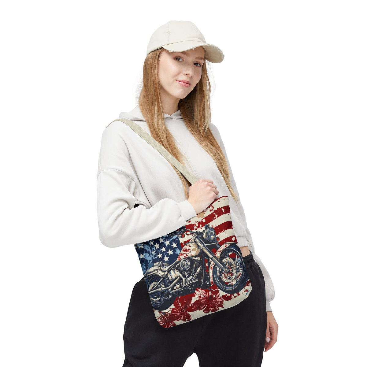 American Motorcycle Tote Bag - Patriotic USA Carryall, Biker Gift, Travel Beach Bag, Reusable Shopping Tote, Independence Day Accessory