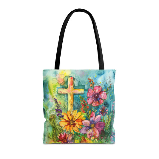 Cross and Whimsical Flowers Tote Bag