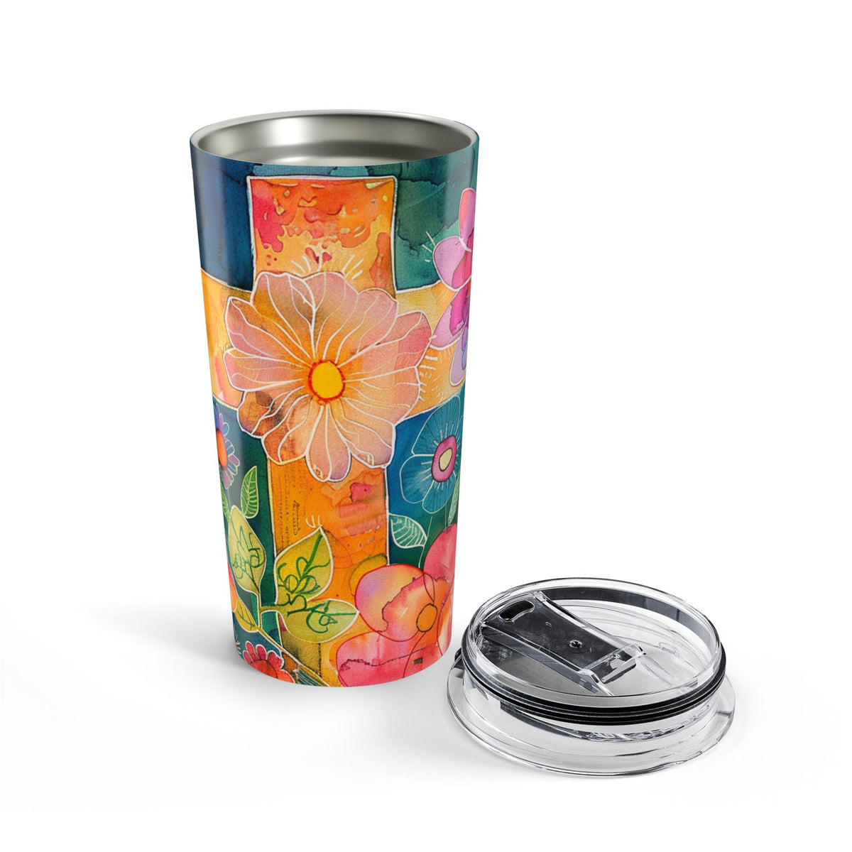 Cross and Whimsical Flowers Tumbler 20oz