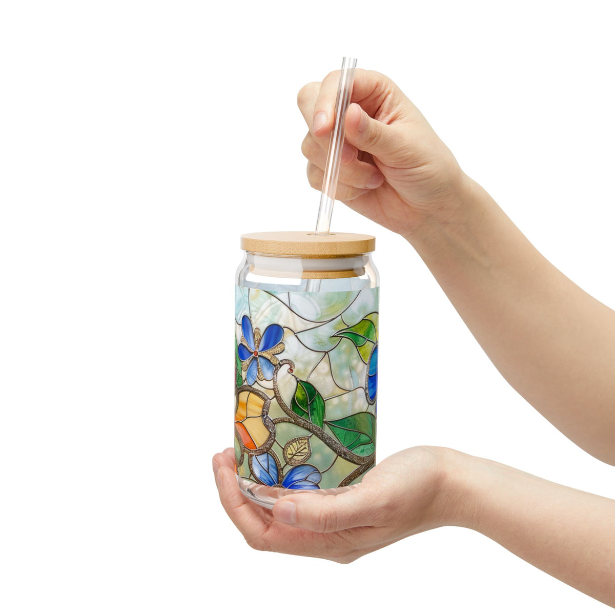 Floral Stained Glass Sipper Glass, 16oz