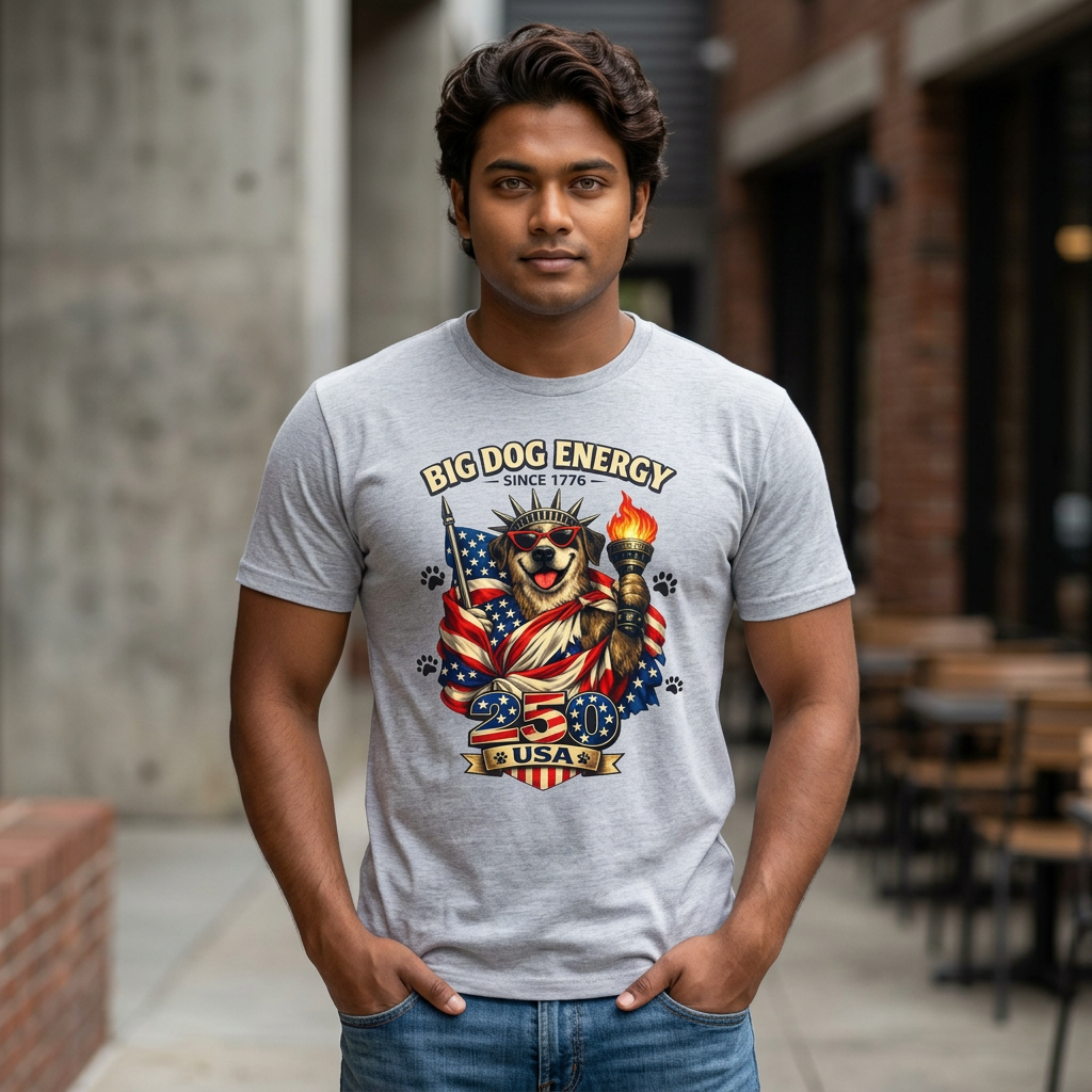 Big Dog Energy graphic T-Shirt | Patriotic American flag dog, 4th of July