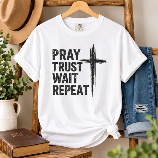 Prayer Trust Wait Repeat T-Shirt — Christian Faith Cross Graphic Tee