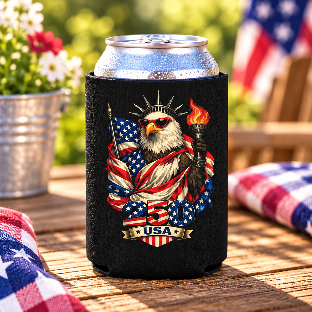 Patriotic Eagle with Flag Can Cooler | USA Americana Drink Koozie
