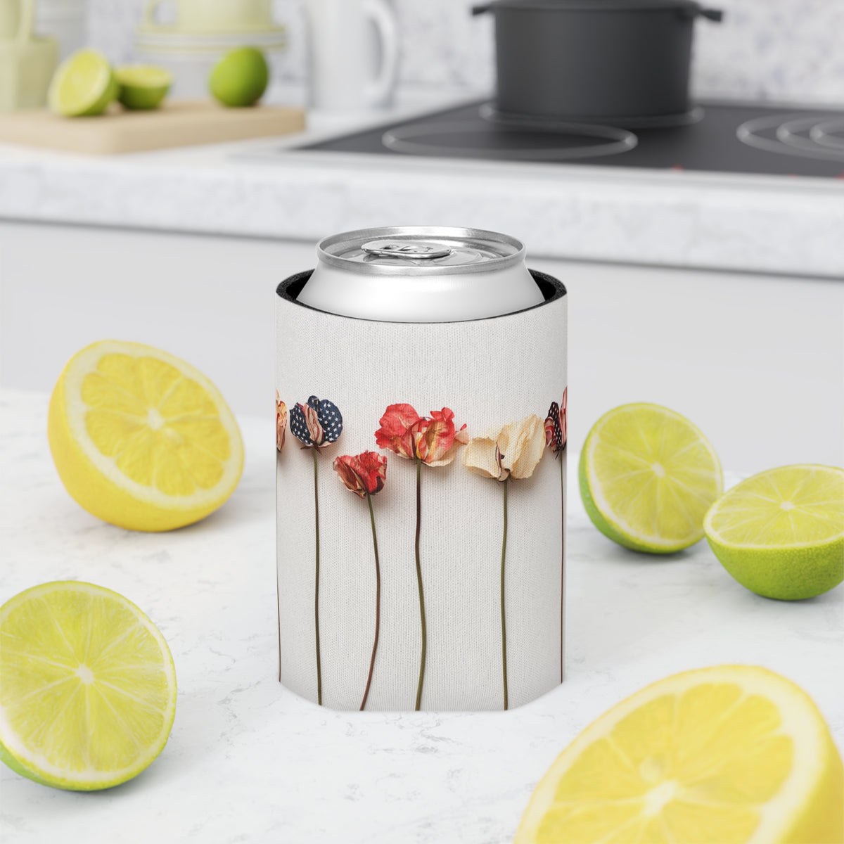 American Floral Can Cooler, Patriotic Drink Sleeve, USA Flower Beverage Holder, Fourth of July Koozie, Red White Blue Insulator