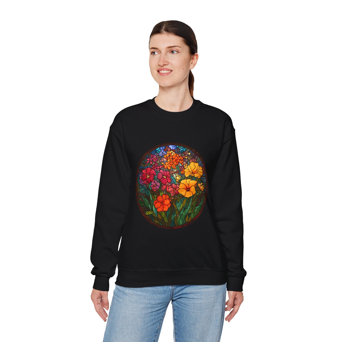 Stained Glass Floral Garden sweatshirt | Colorful Flower Circle Art
