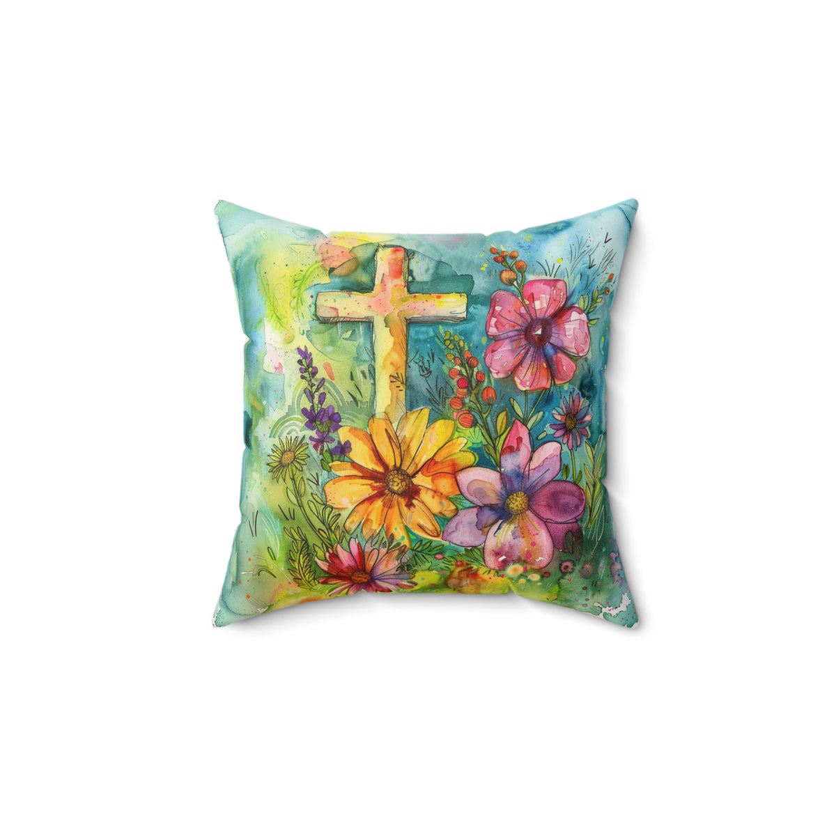 Whimsical Flowers and Cross on a Spun Polyester Square Pillow
