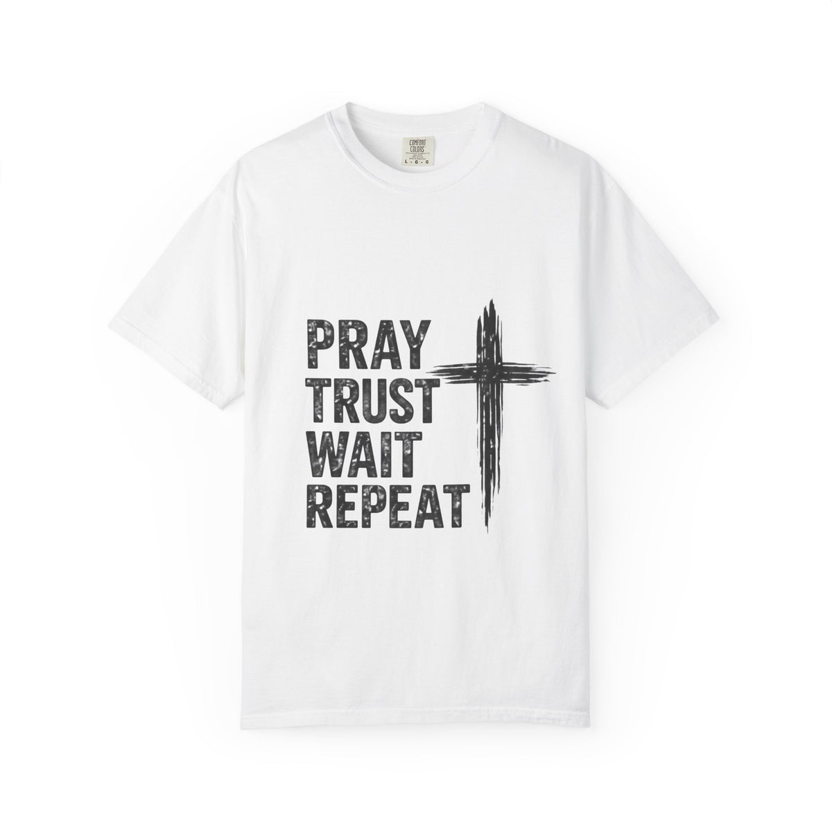 Prayer Trust Wait Repeat T-Shirt — Christian Faith Cross Graphic Tee