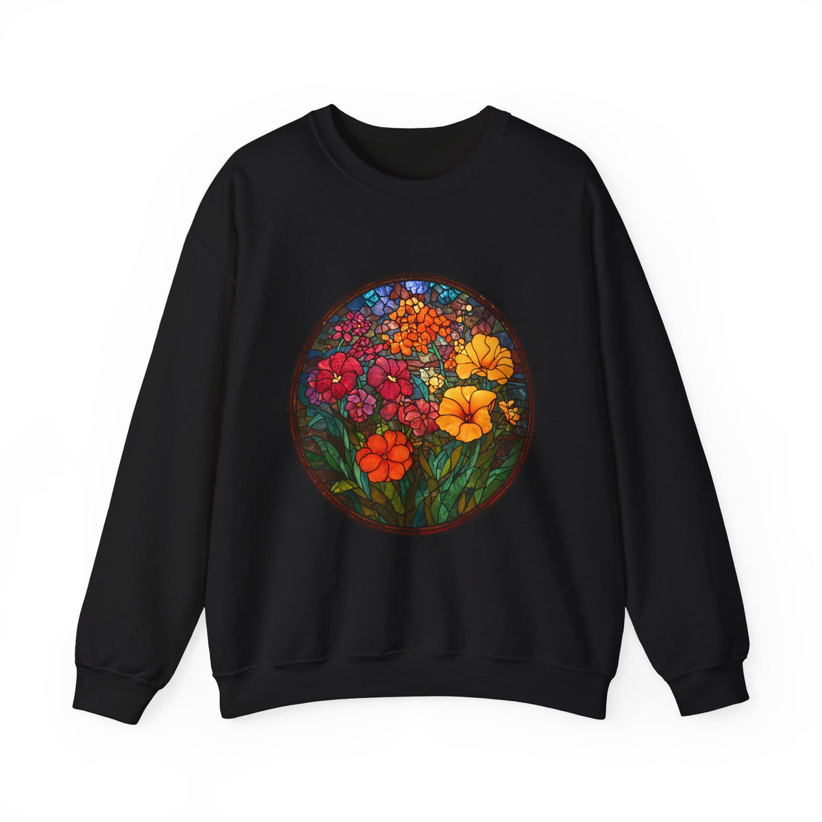 Stained Glass Floral Garden sweatshirt | Colorful Flower Circle Art