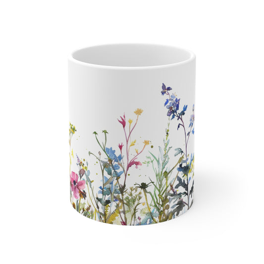 Pressed Flowers Mug, Boho Wildflowers Coffee Mug, Gift for her, Spring Mug, Watercolor Flower Mug