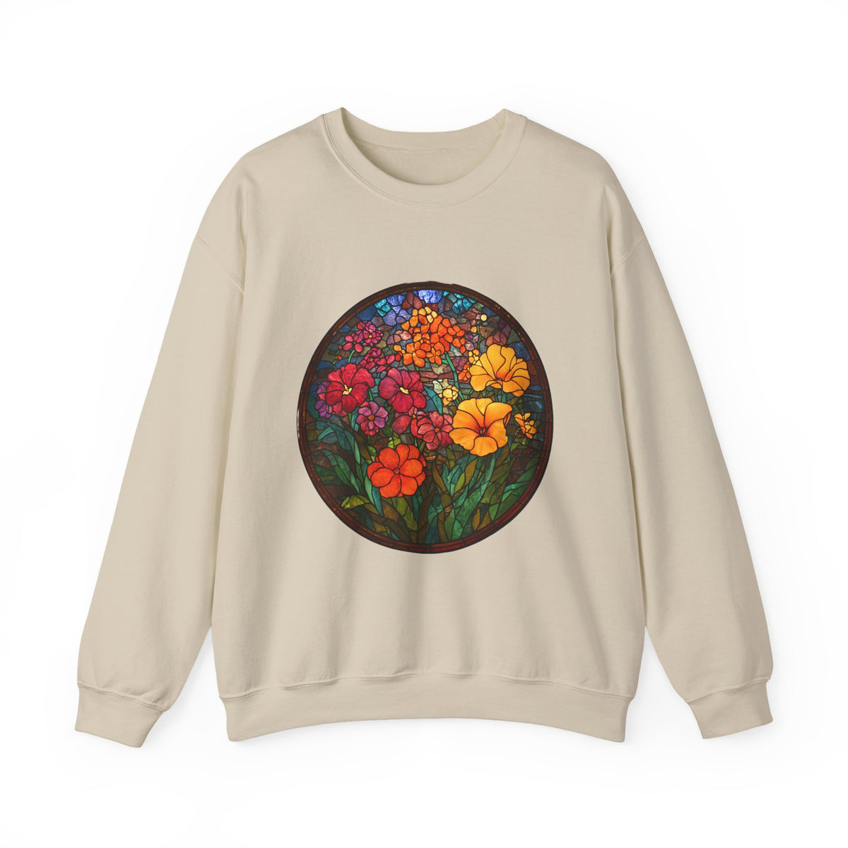 Stained Glass Floral Garden sweatshirt | Colorful Flower Circle Art