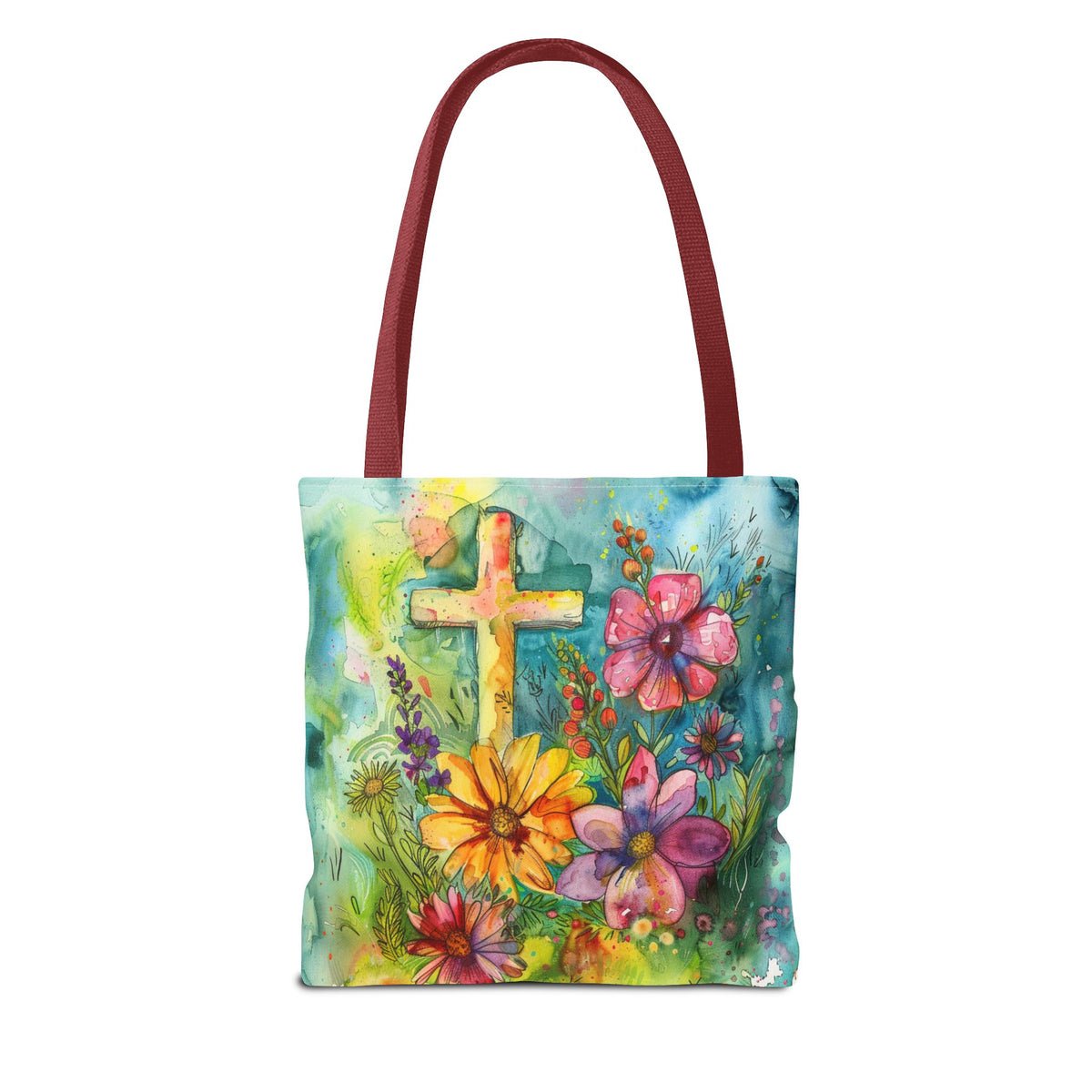 Cross and Whimsical Flowers Tote Bag