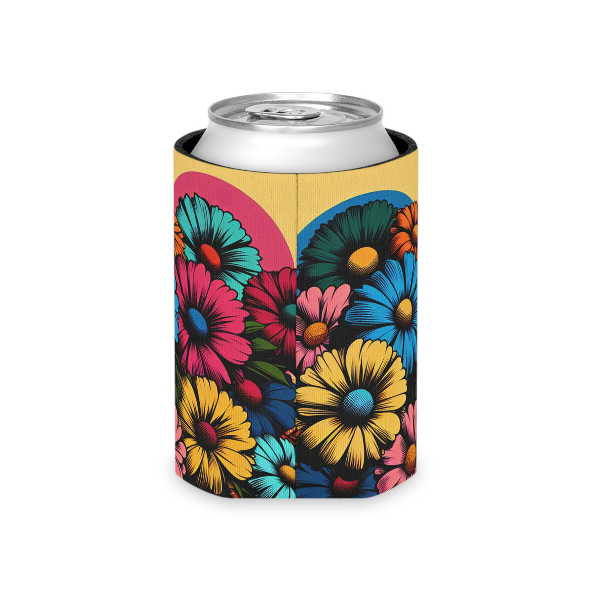 Pop Art Floral Can Cooler, Retro Can Sleeve, Flower Pattern Beverage Holder, Colorful Drink Insulator, Funky Beer Coozie