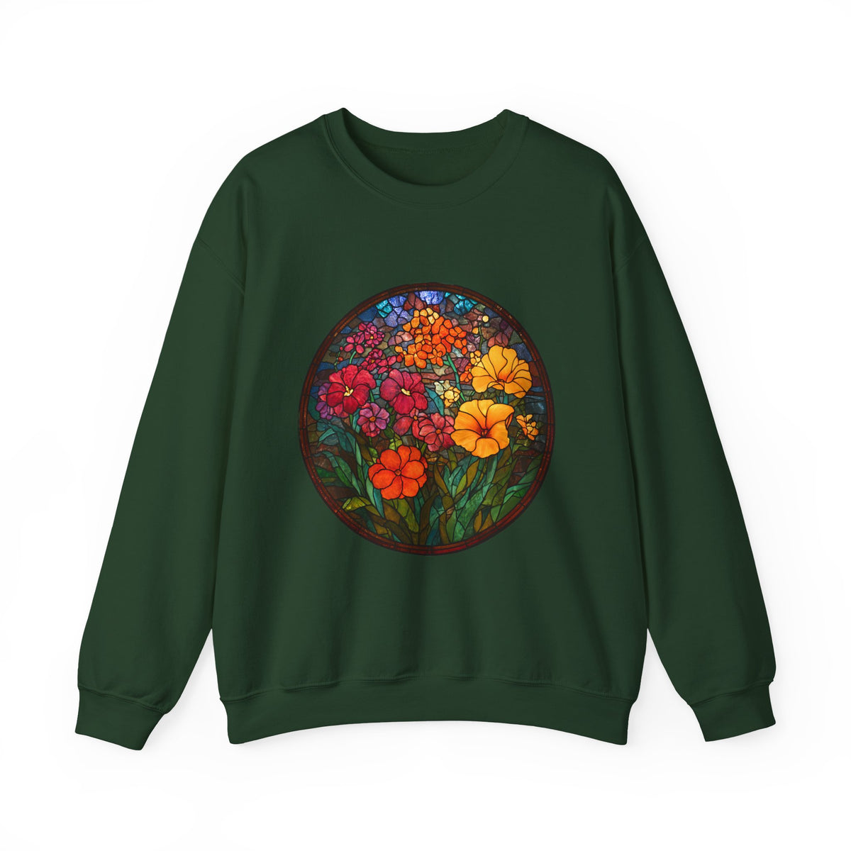 Stained Glass Floral Garden sweatshirt | Colorful Flower Circle Art