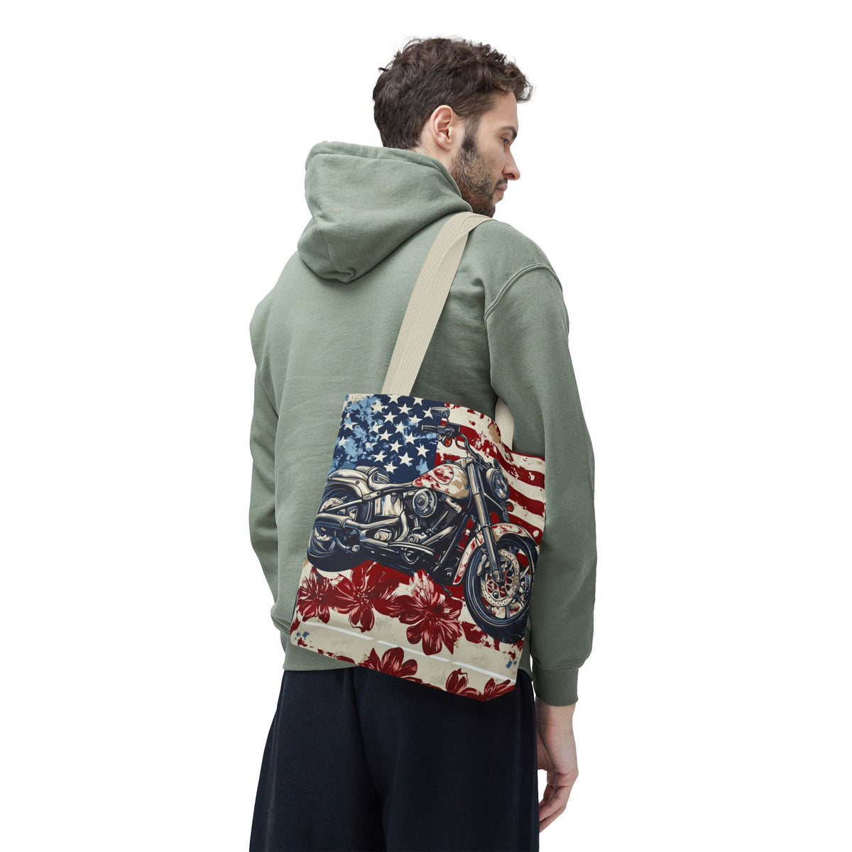 American Motorcycle Tote Bag - Patriotic USA Carryall, Biker Gift, Travel Beach Bag, Reusable Shopping Tote, Independence Day Accessory
