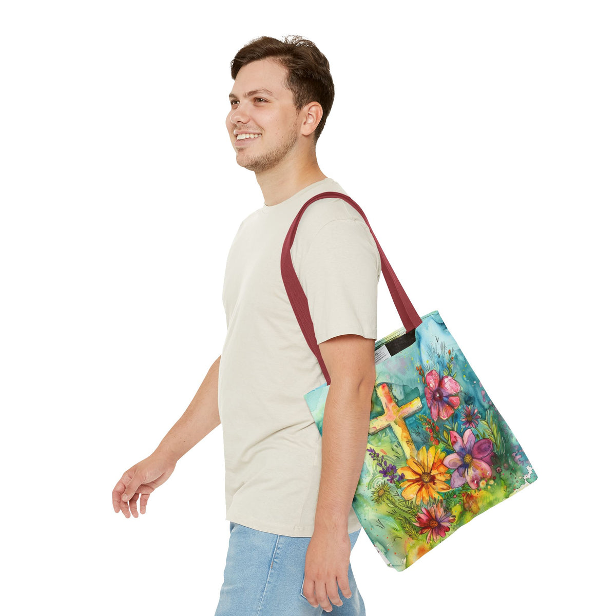 Cross and Whimsical Flowers Tote Bag