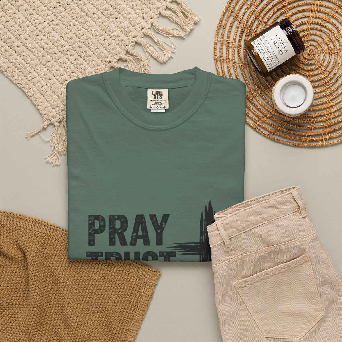 Prayer Trust Wait Repeat T-Shirt — Christian Faith Cross Graphic Tee