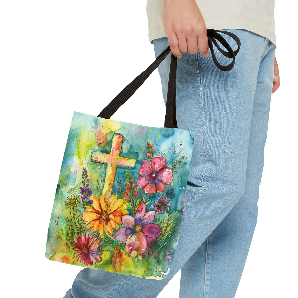 Cross and Whimsical Flowers Tote Bag