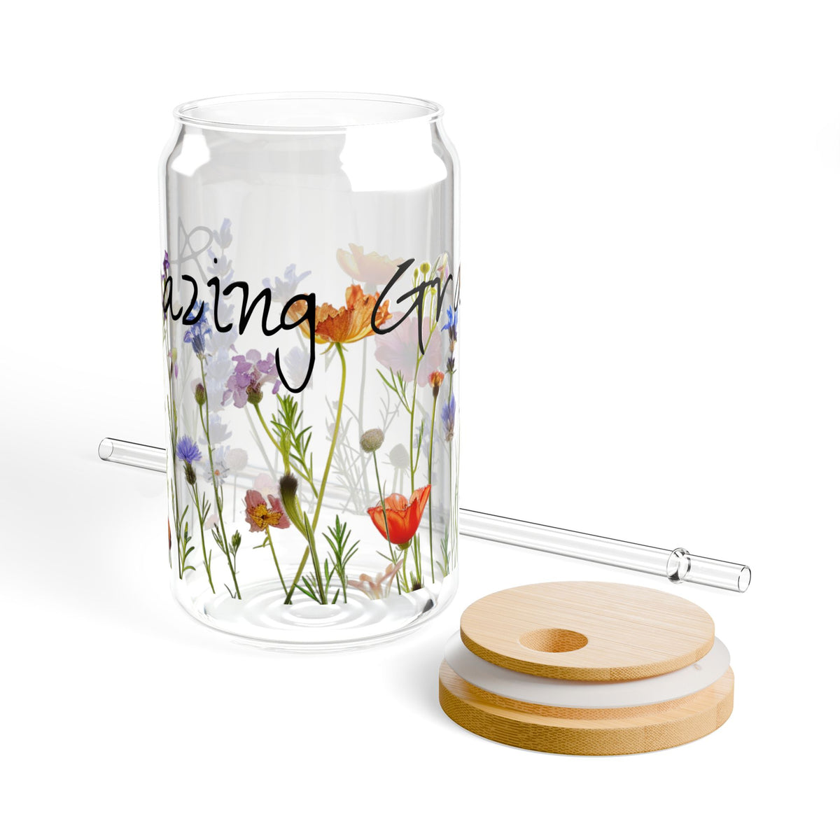 Amazing Grace Glass Sipper Glass, 16oz, Tumbler with Wildflowers