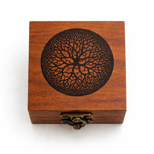 Engraved Wooden Keepsake Box – Circle Design | Handcrafted Cherry with Antique Brass Latch | Gift Box for Rings, Jewelry, or Small Valuables