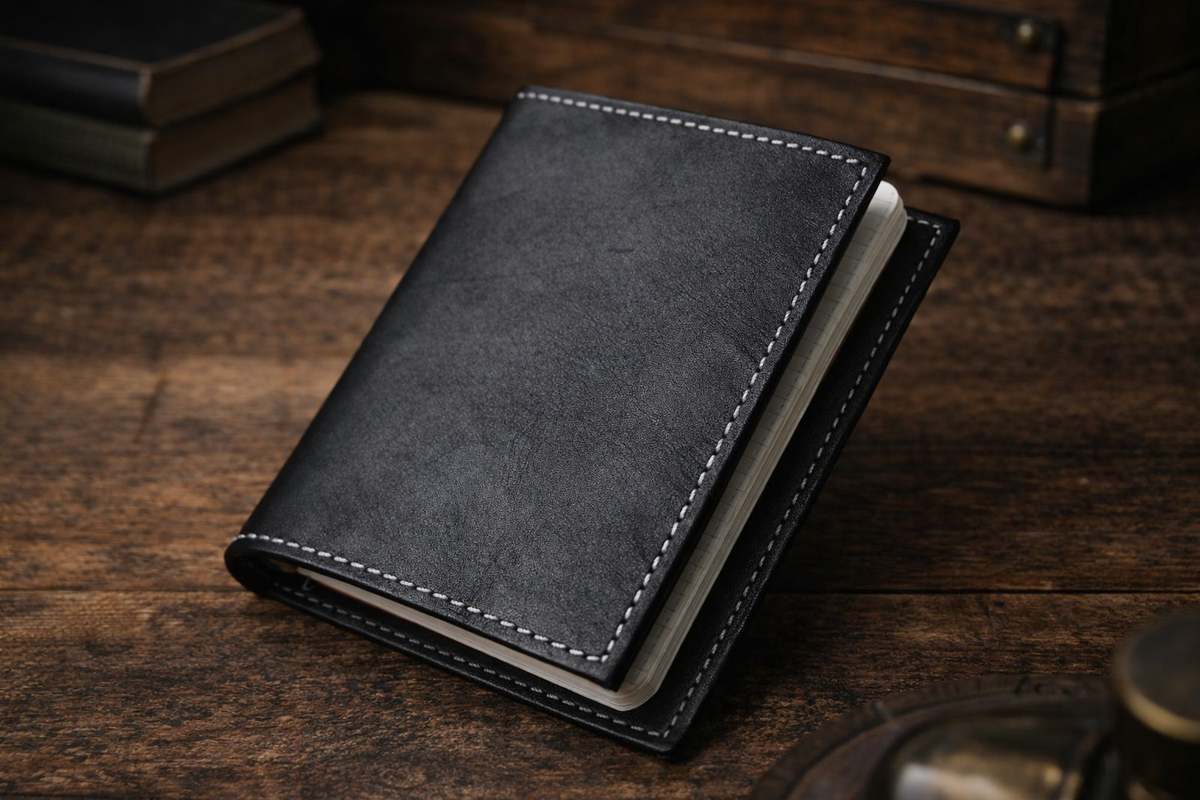 HARZO Black Leather Field Notes Journal Wallet – Handmade 4¼×6¼" Notebook Cover with 3 Inserts