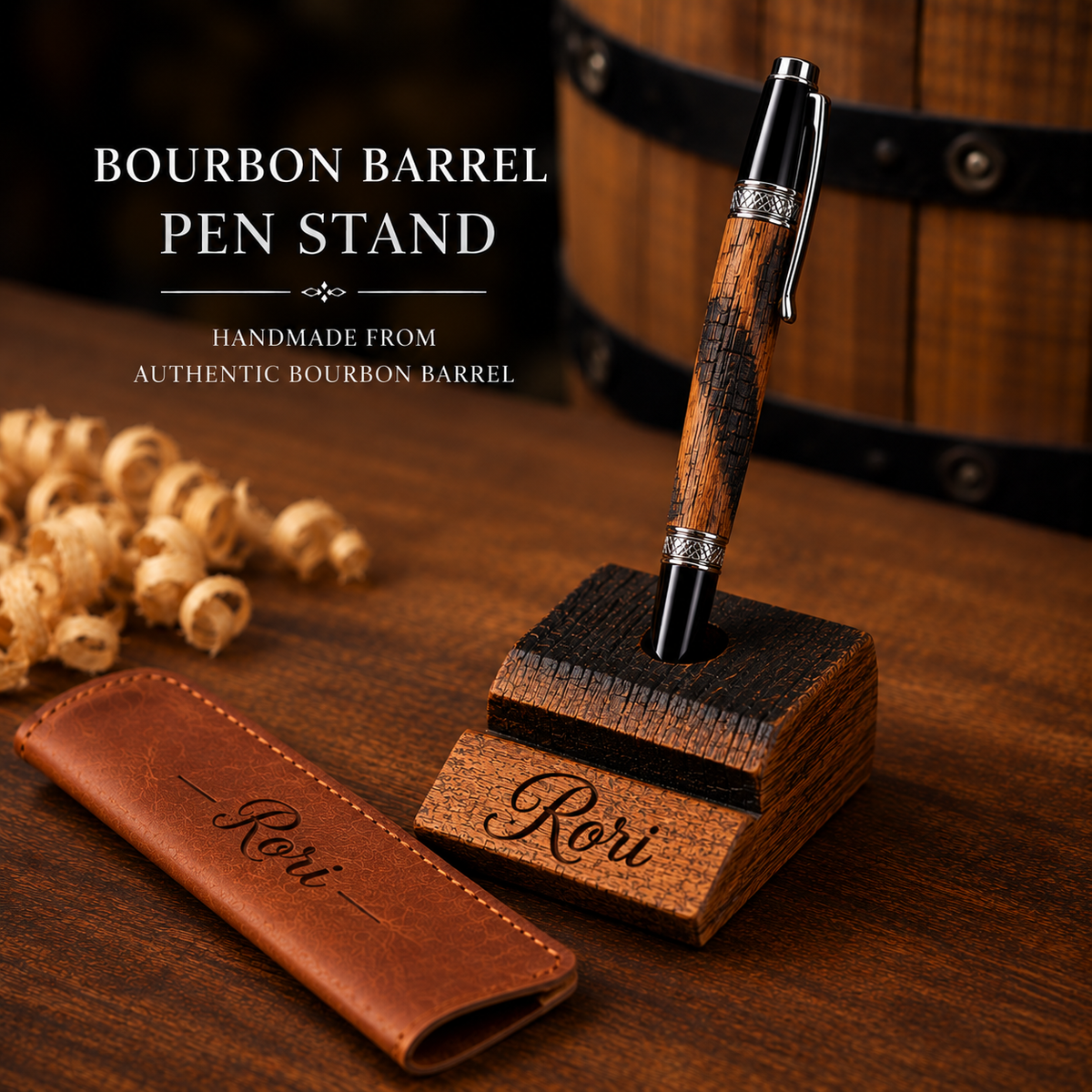 Kentucky Bourbon Barrel Pen & Stand Set | Handmade White Oak Ballpoint Pen | Authentic Whiskey Barrel Wood Desk Pen Holder | Full Set