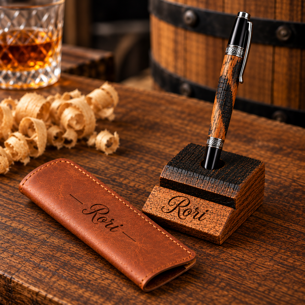 Kentucky Bourbon Barrel Pen & Stand Set | Handmade White Oak Ballpoint Pen | Authentic Whiskey Barrel Wood Desk Pen Holder | Full Set