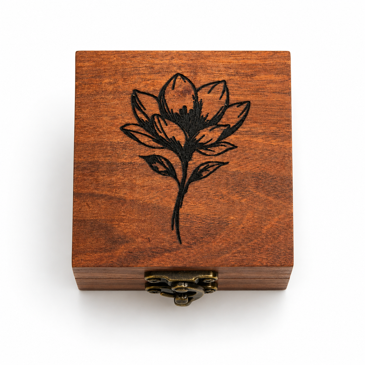 Engraved Cherry Wood Ring Box with Flower Design – Handmade Hinged Keepsake