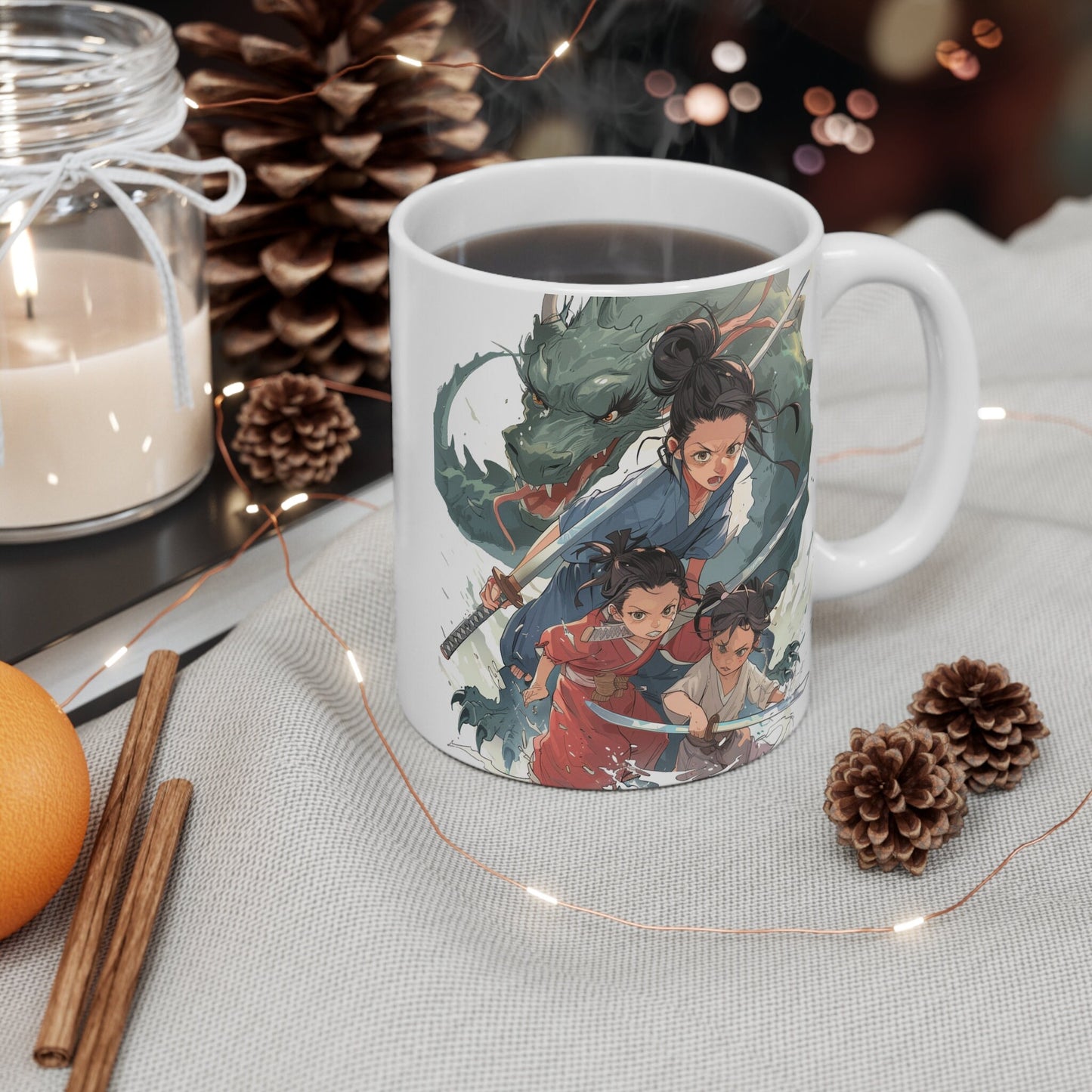 Anime Mother's Day Mug - Mother and Children Slaying a Monster/Dragon with swords
