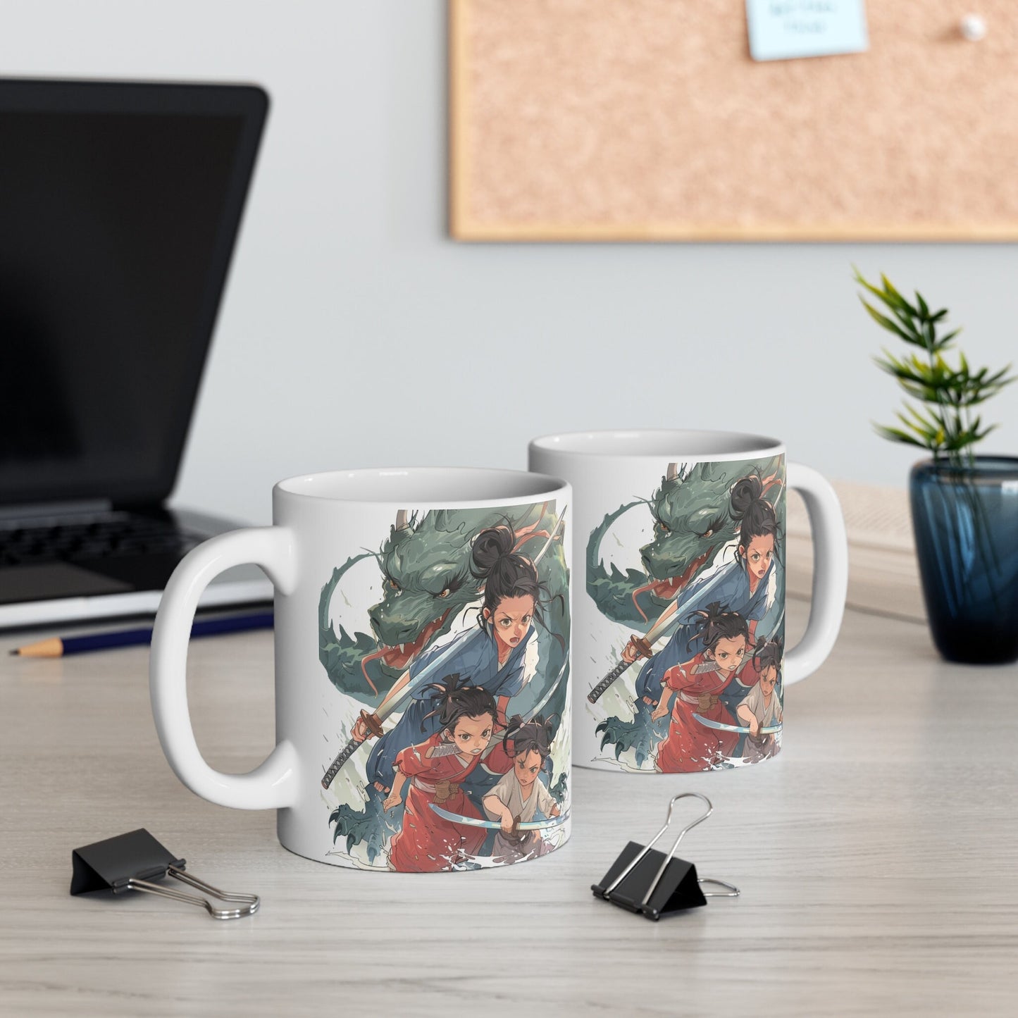 Anime Mother's Day Mug - Mother and Children Slaying a Monster/Dragon with swords