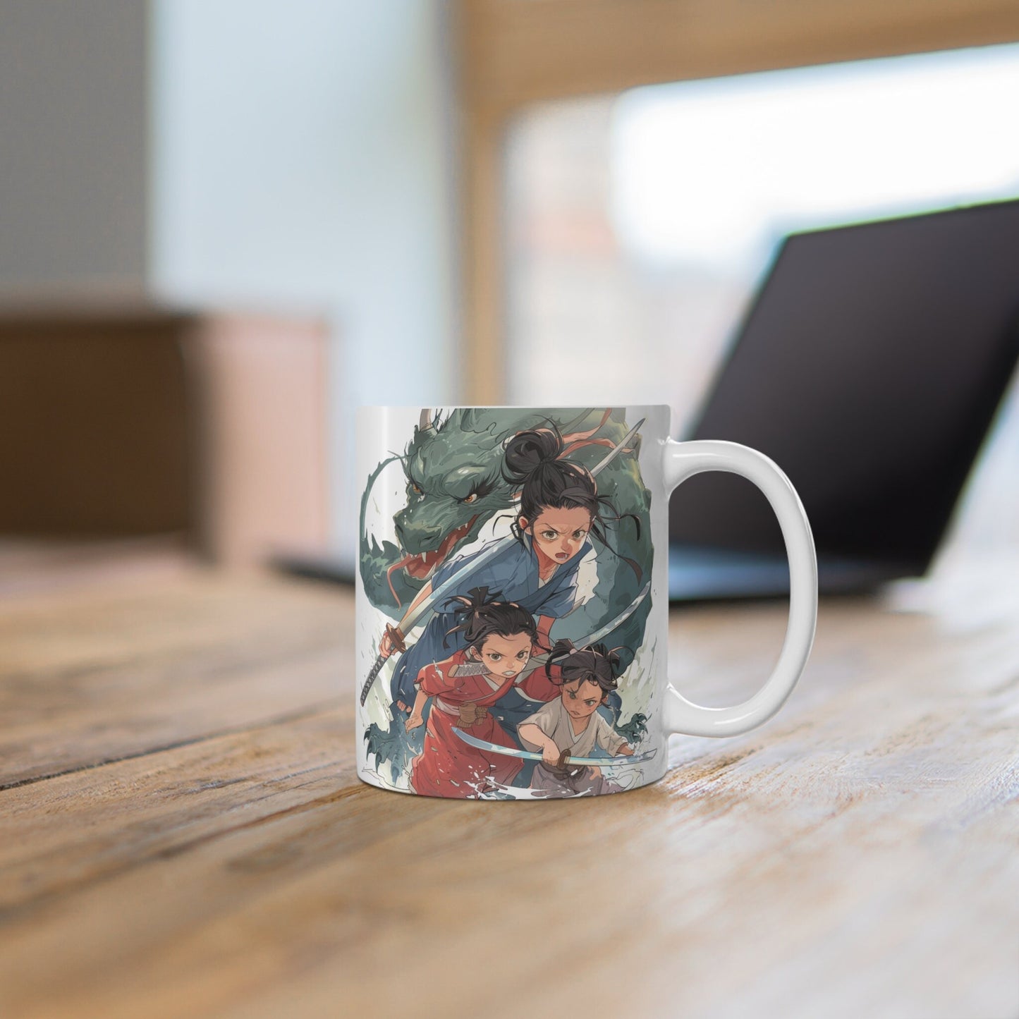 Anime Mother's Day Mug - Mother and Children Slaying a Monster/Dragon with swords