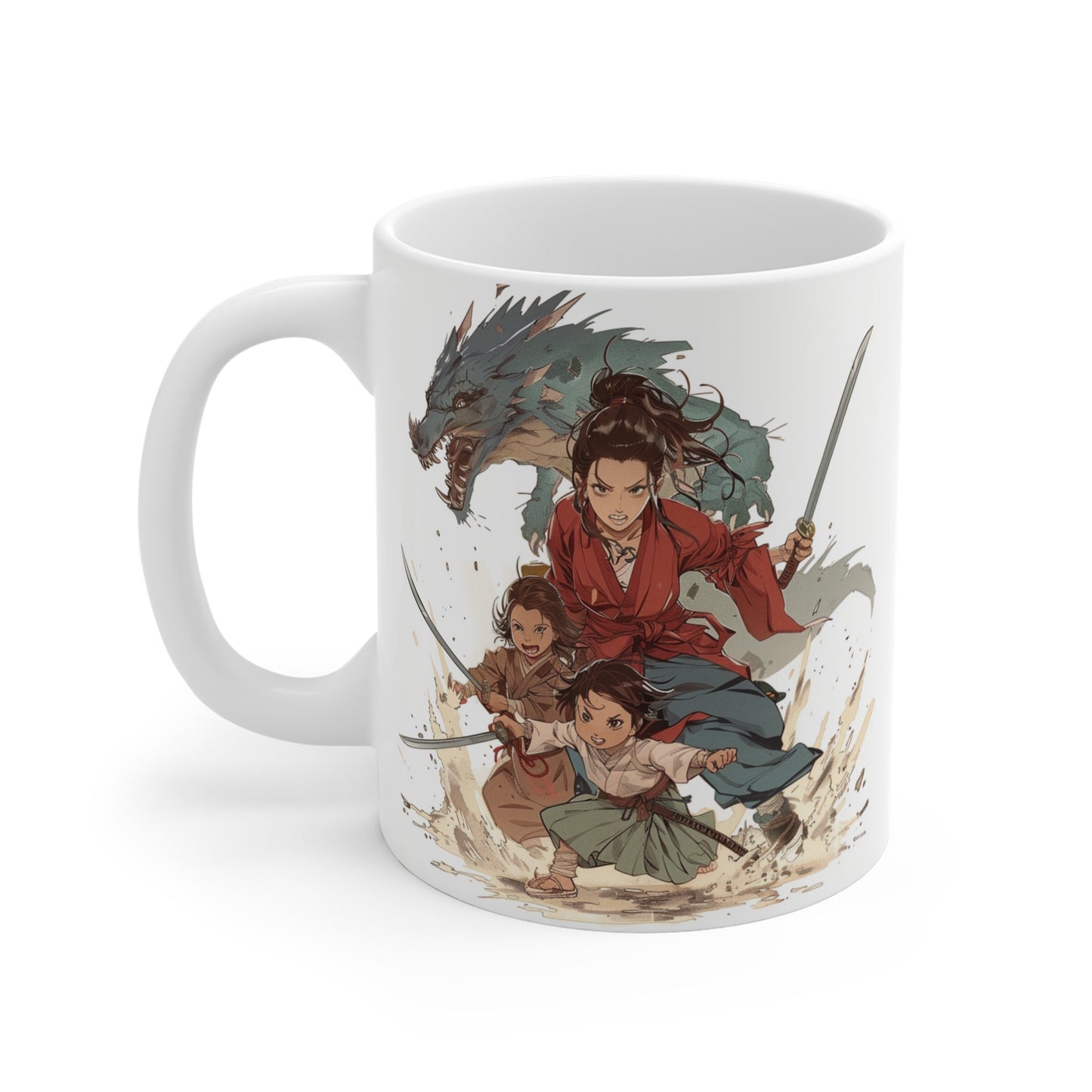 Anime Mother's Day Mug - Mother and Children Slaying a Monster/Dragon with swords