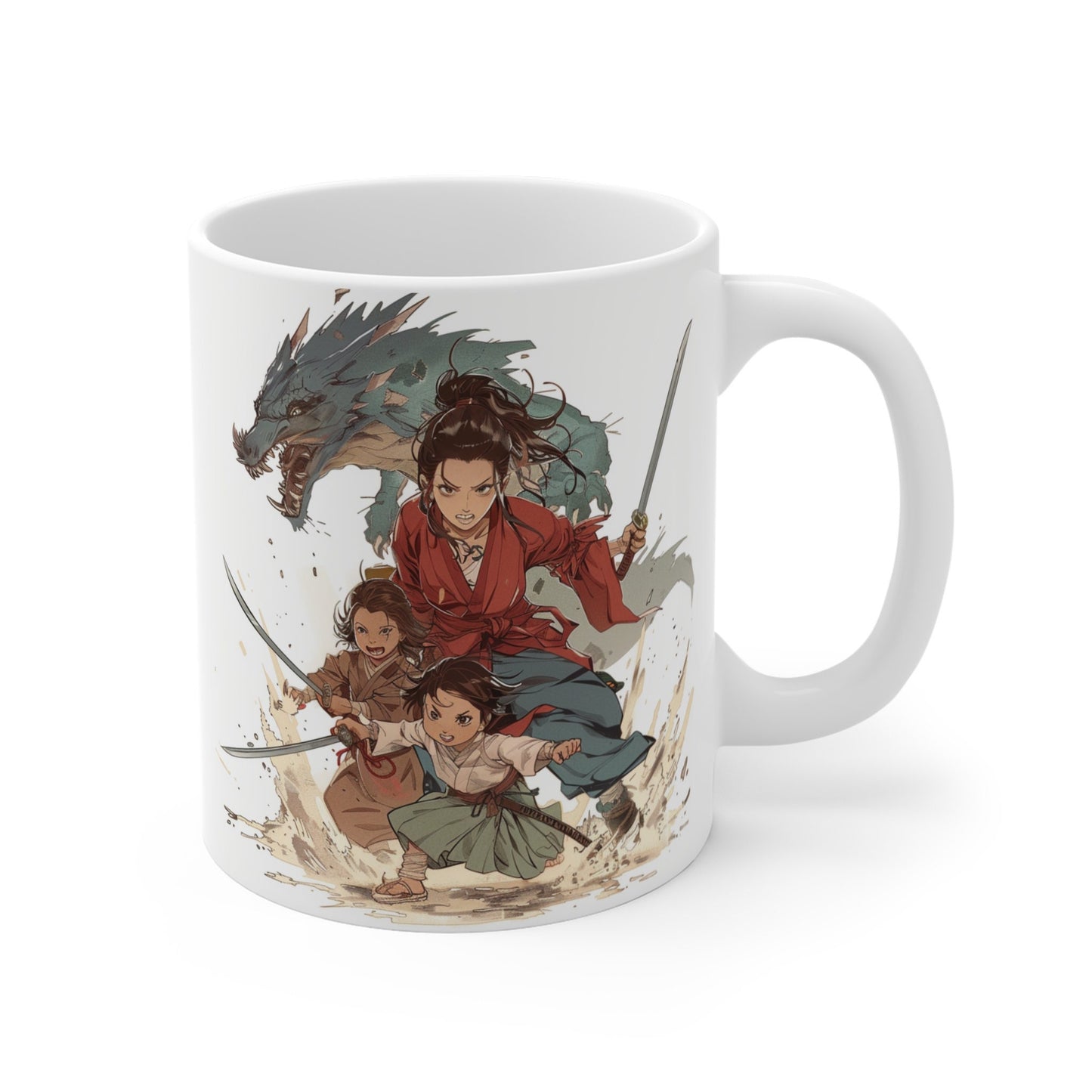 Anime Mother's Day Mug - Mother and Children Slaying a Monster/Dragon with swords