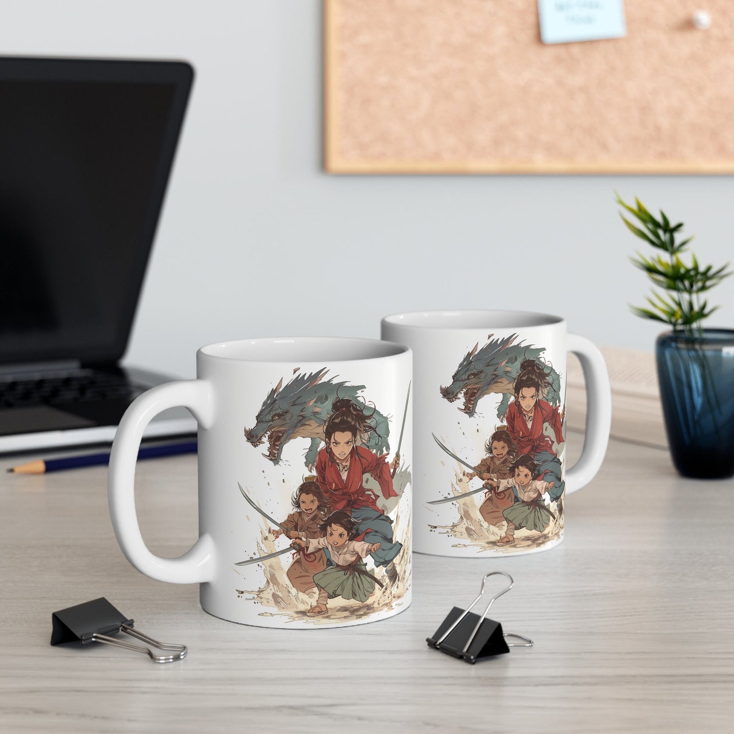 Anime Mother's Day Mug - Mother and Children Slaying a Monster/Dragon with swords