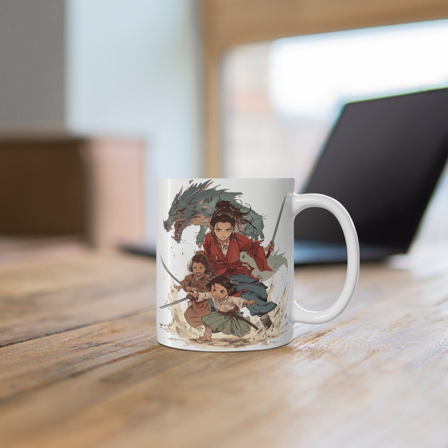 Anime Mother's Day Mug - Mother and Children Slaying a Monster/Dragon with swords