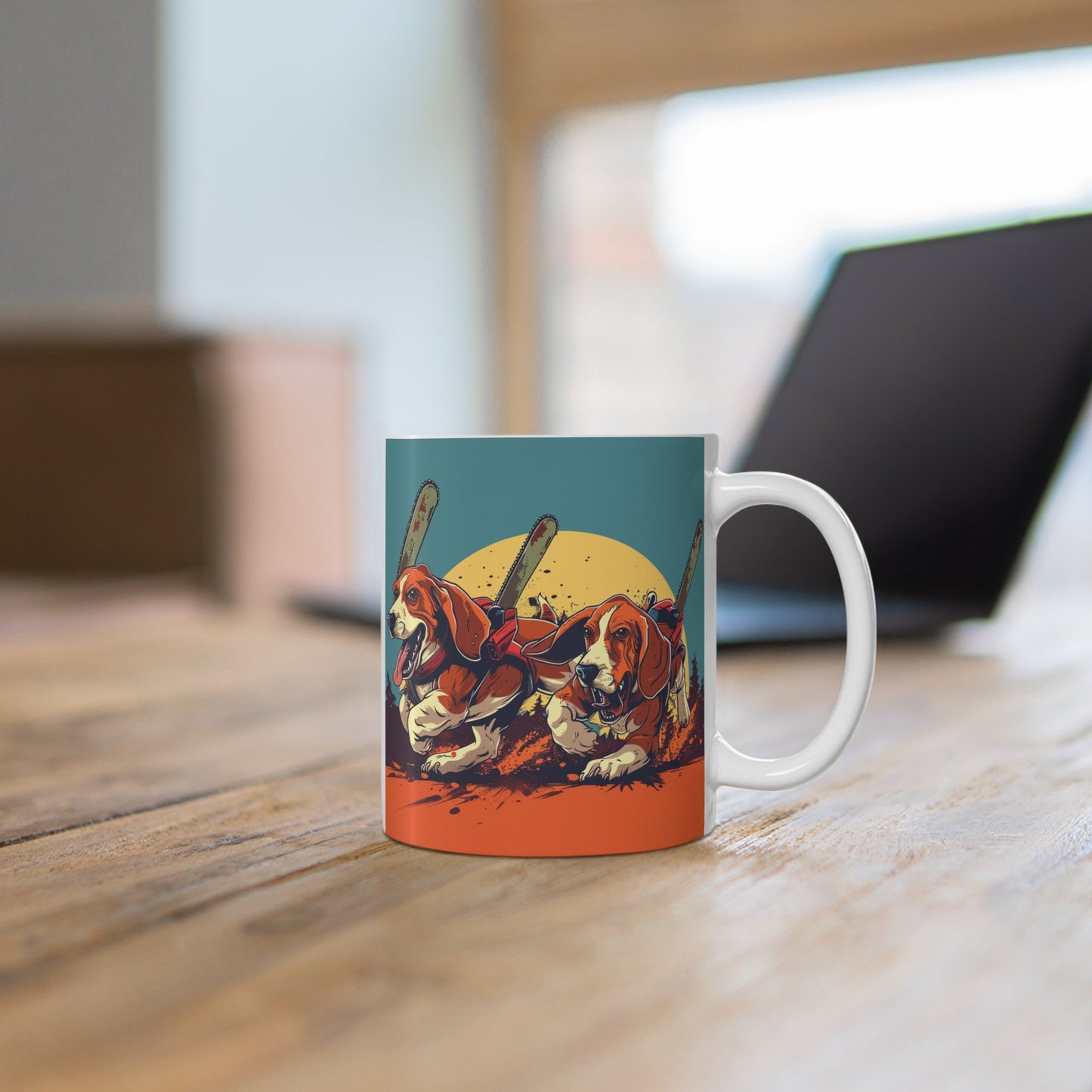 Basset Chainsaw Massacre Coffee Mug - Killer Basset Hounds with Chainsaws