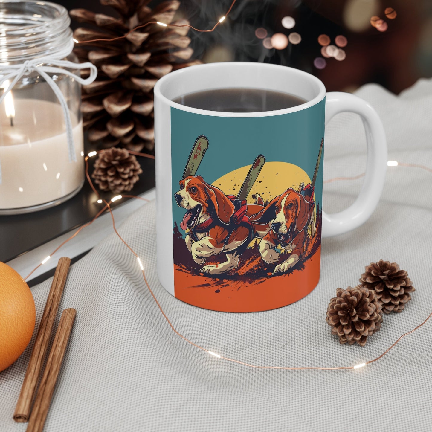 Basset Chainsaw Massacre Coffee Mug - Killer Basset Hounds with Chainsaws