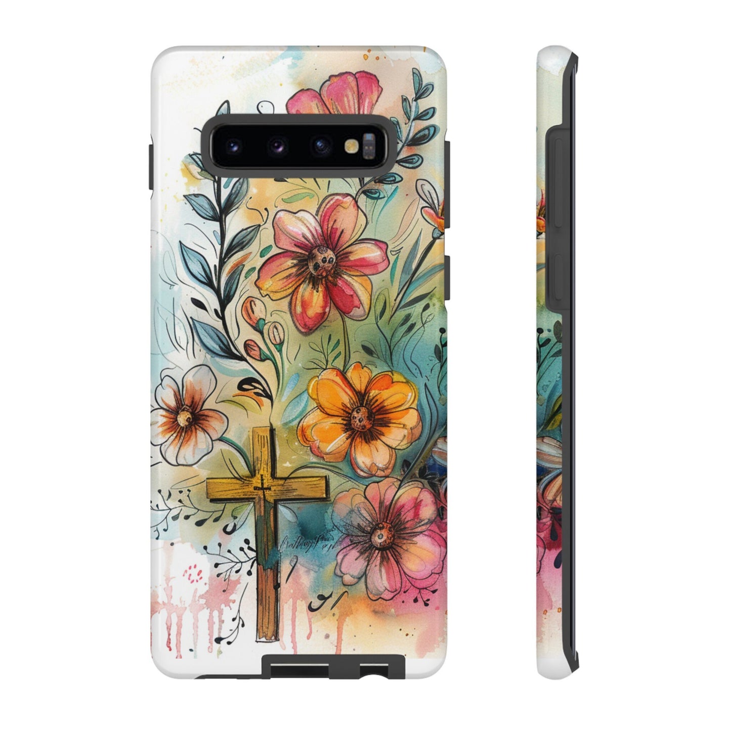 Cross with Whimsical Flowers Tough Phone Case