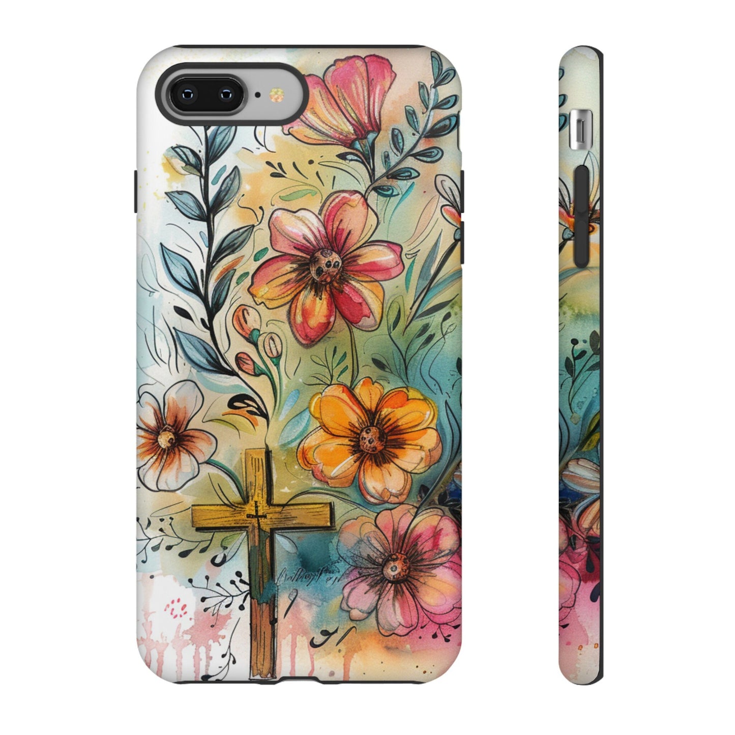 Cross with Whimsical Flowers Tough Phone Case