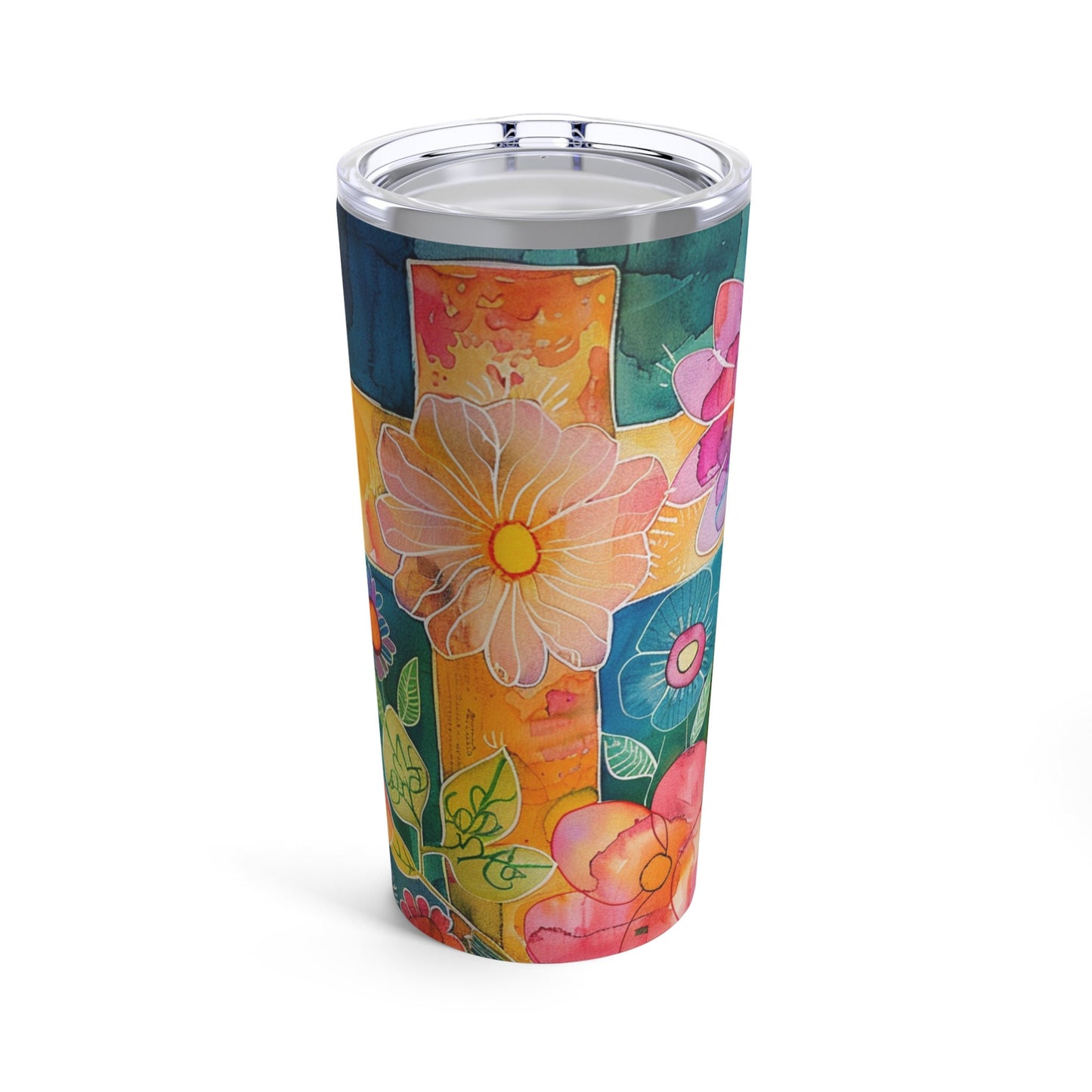 Cross and Whimsical Flowers Tumbler 20oz