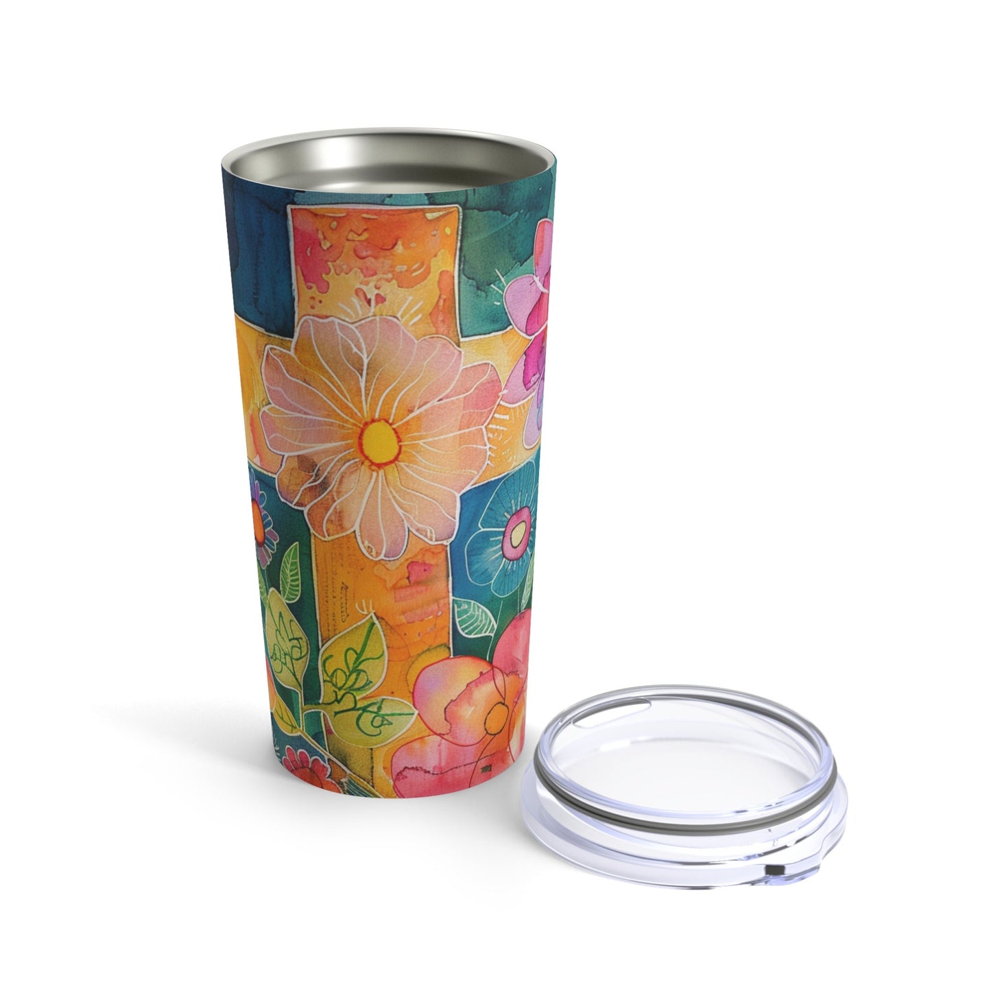 Cross and Whimsical Flowers Tumbler 20oz