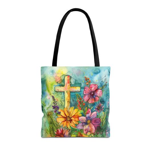 Cross and Whimsical Flowers Tote Bag