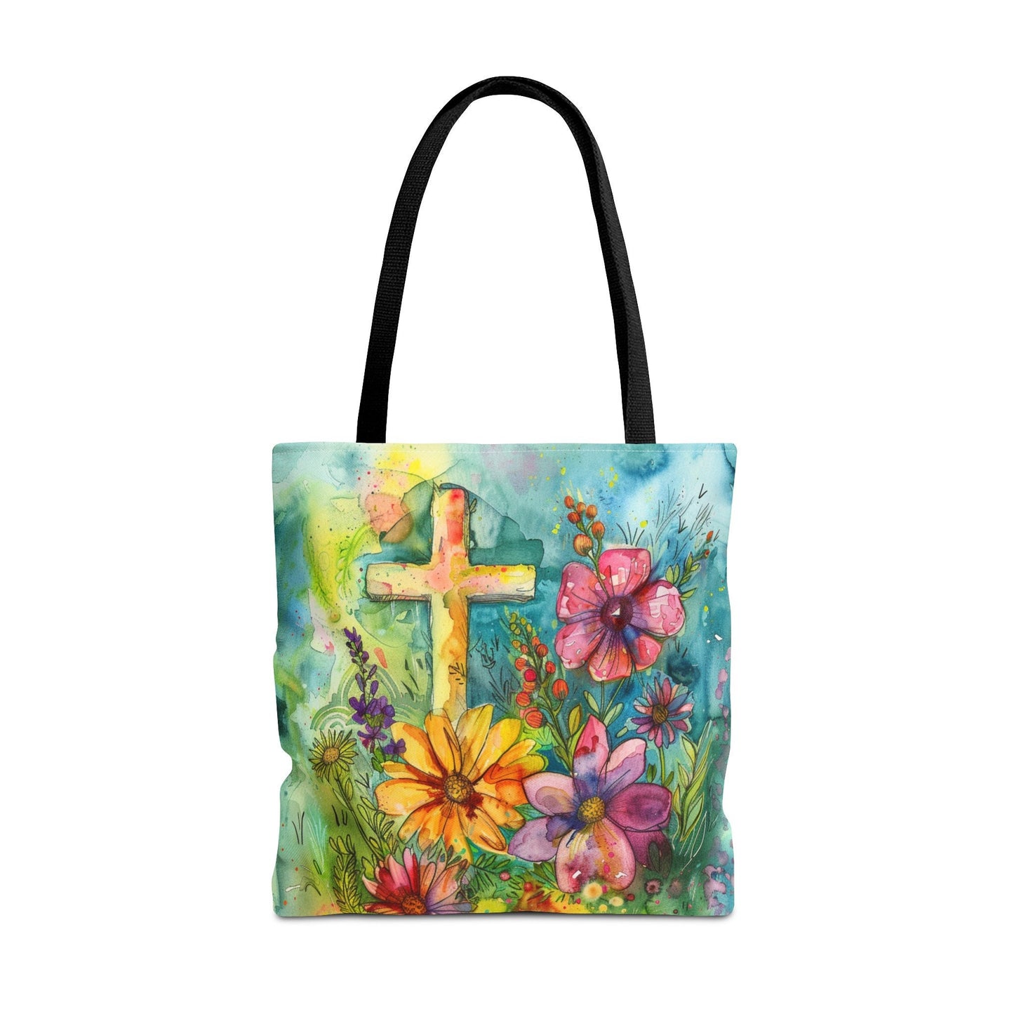 Cross and Whimsical Flowers Tote Bag