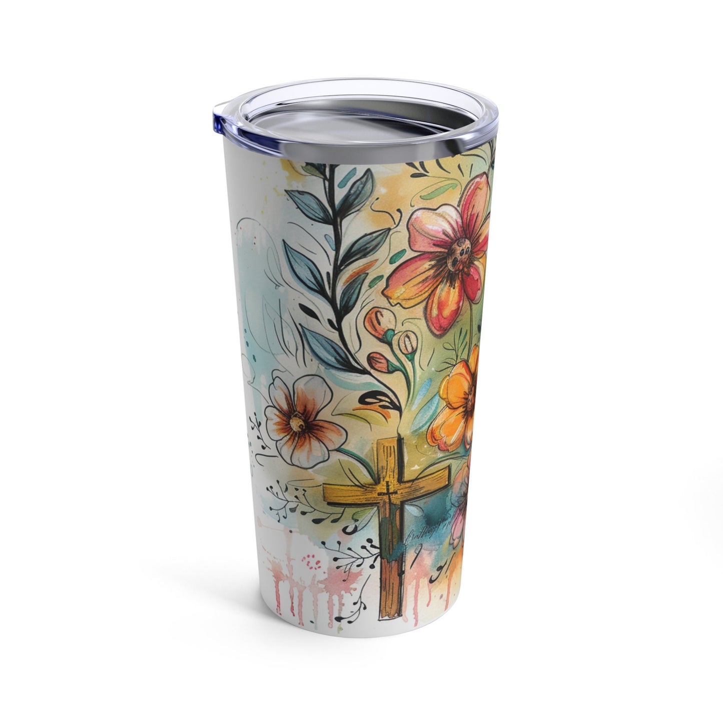 Whimsical Flowers and Cross Tumbler 20oz