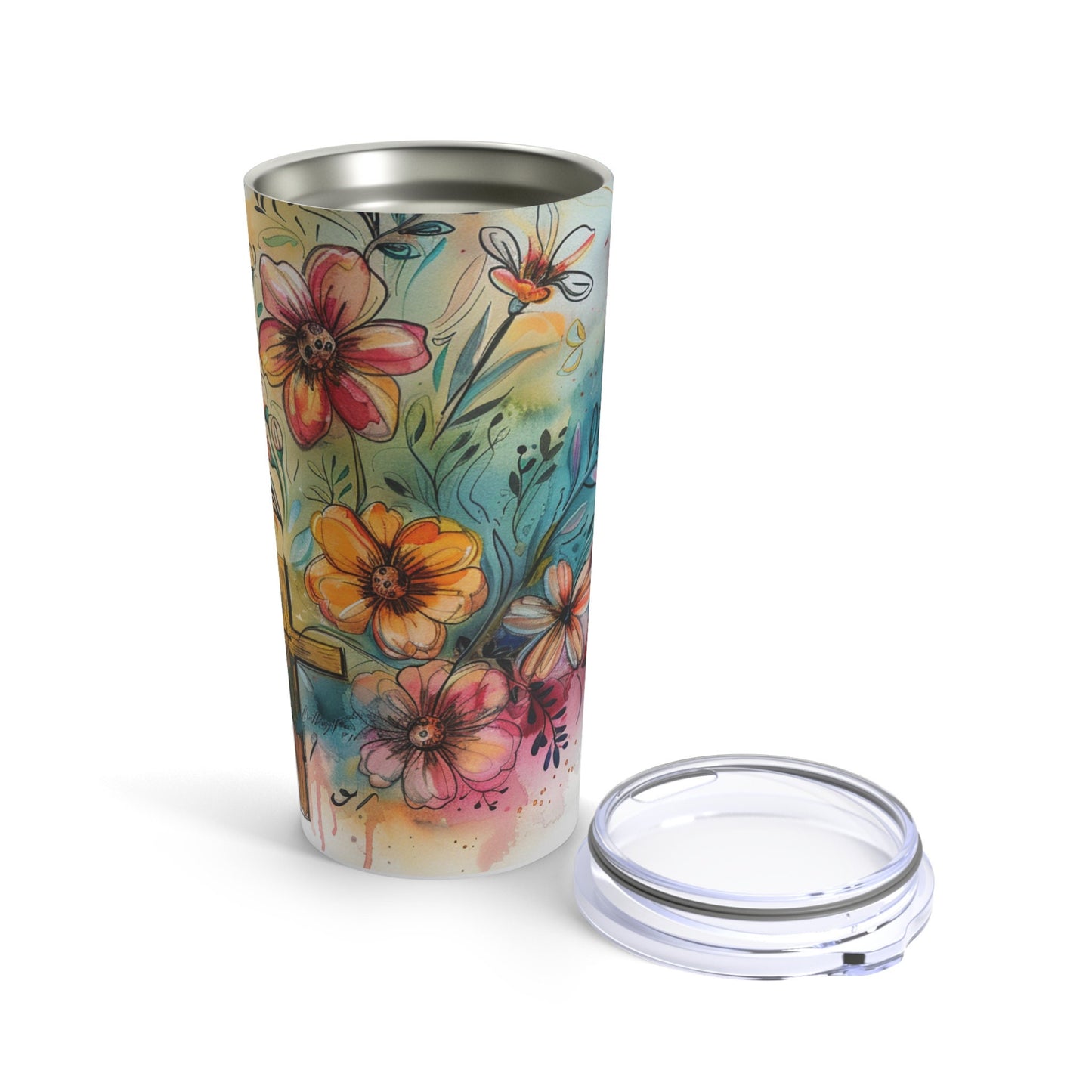 Whimsical Flowers and Cross Tumbler 20oz