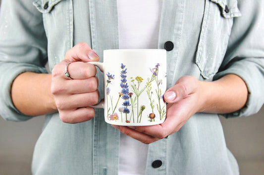 Pressed Wildflower Mug: Boho Watercolor Floral Coffee Mug
