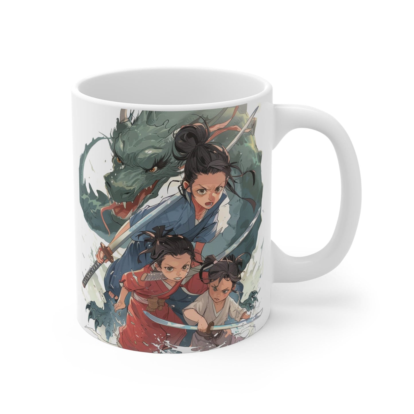 Anime Mother's Day Mug - Mother and Children Slaying a Monster/Dragon with swords